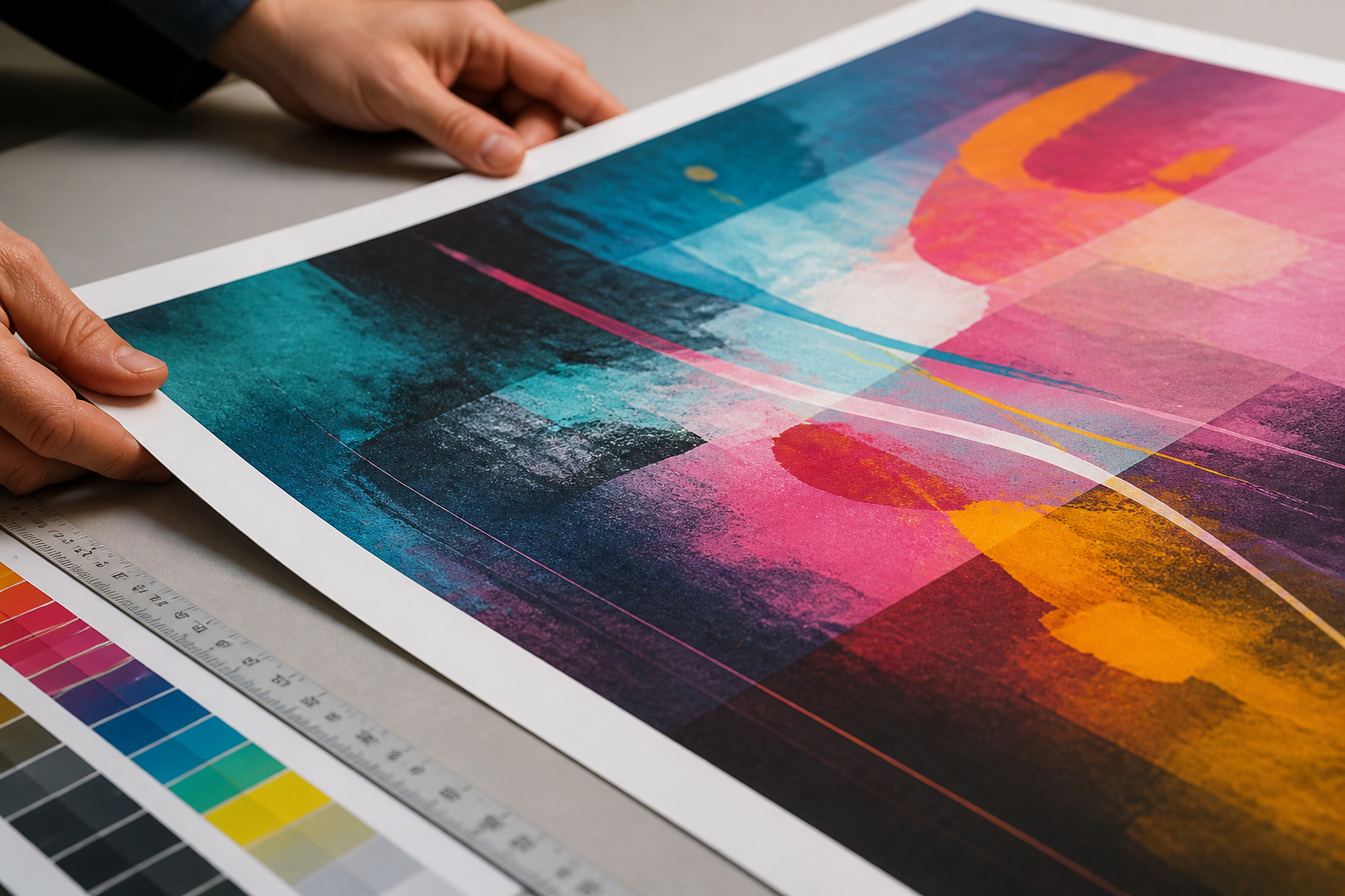 A large poster laid flat on a neutral surface with a colour swatch strip and ruler, showing crisp print detail