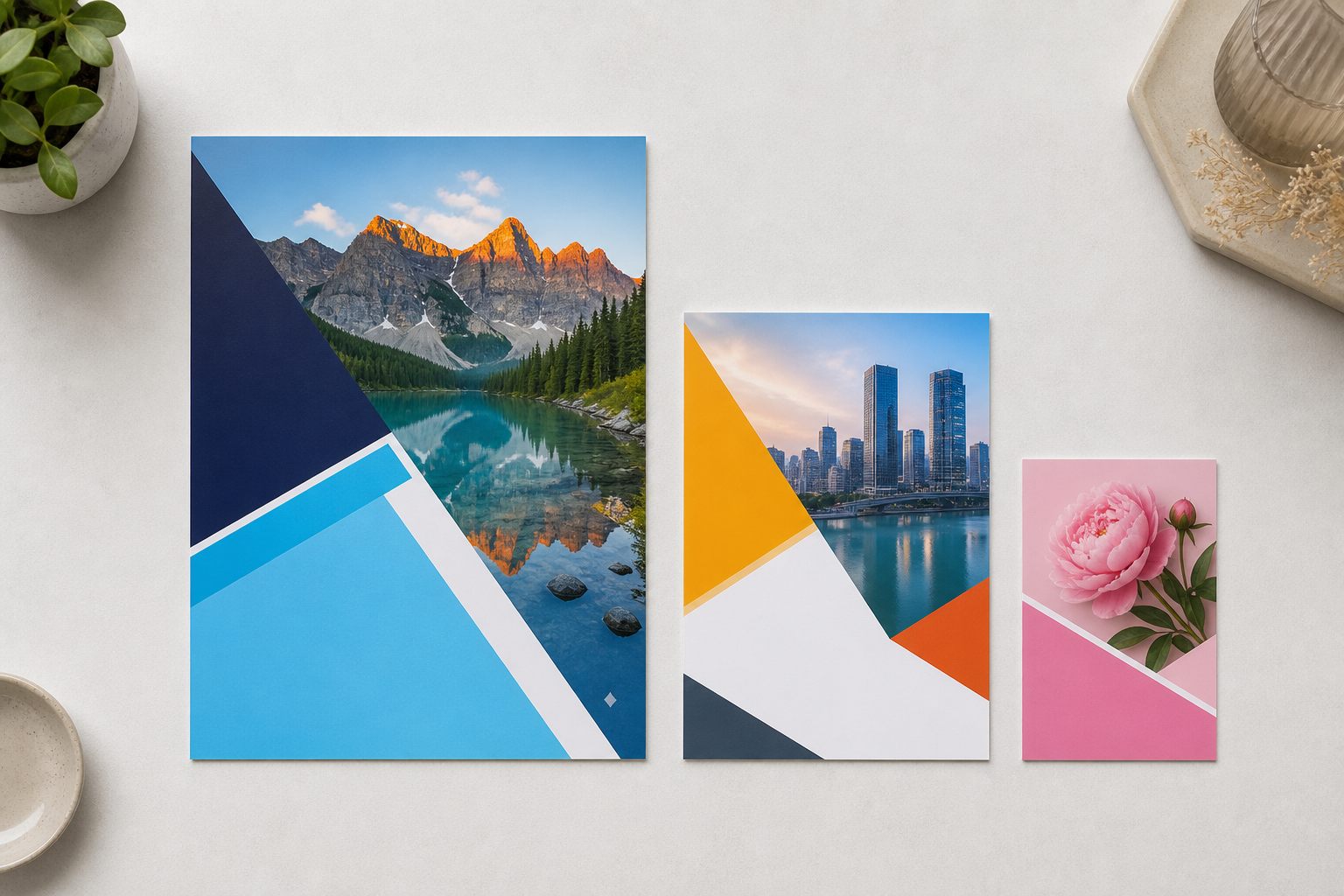 Printed flyers in A4, A5 and A6 sizes side by side