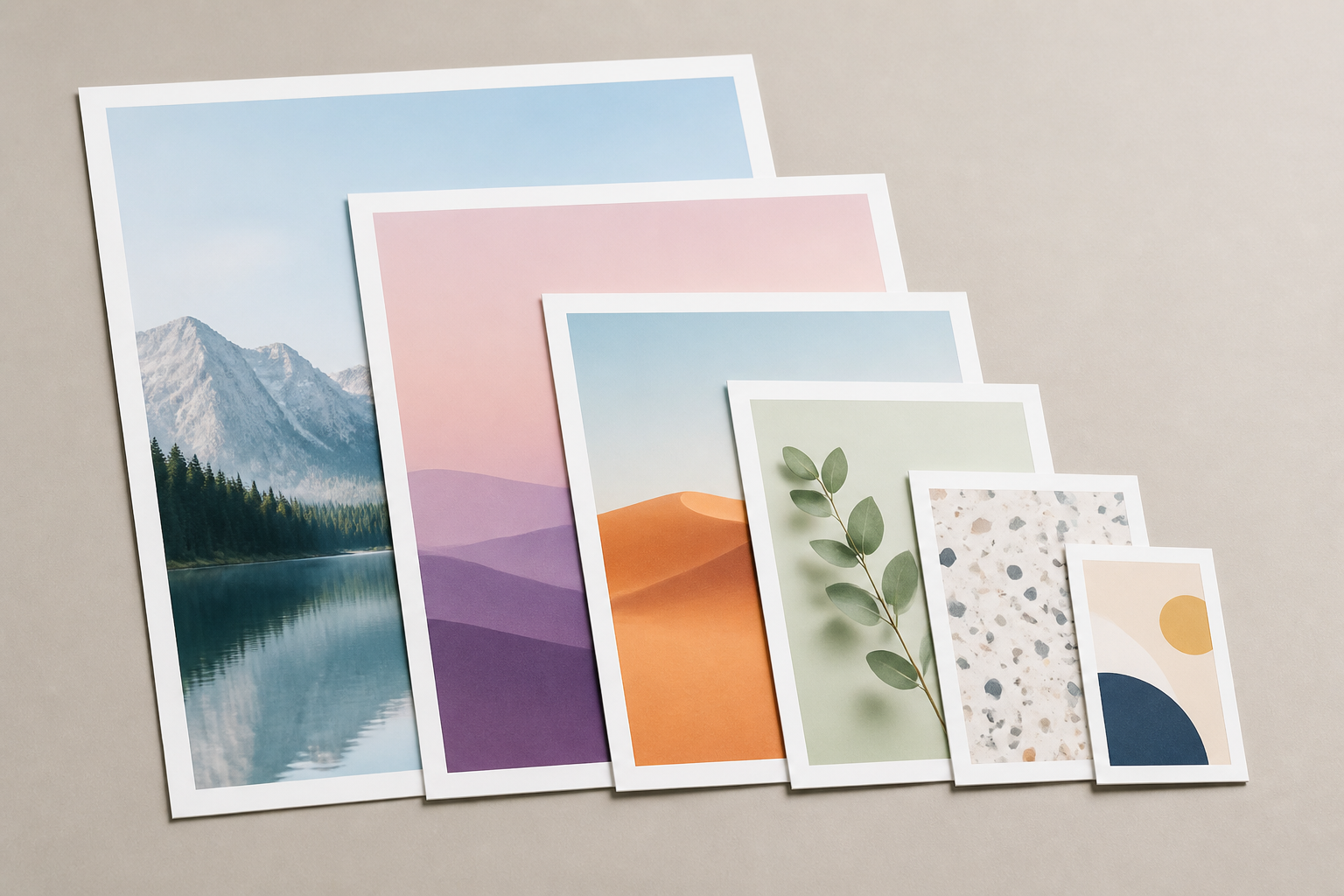 Printed pieces in a range of standard sizes shown together for scale
