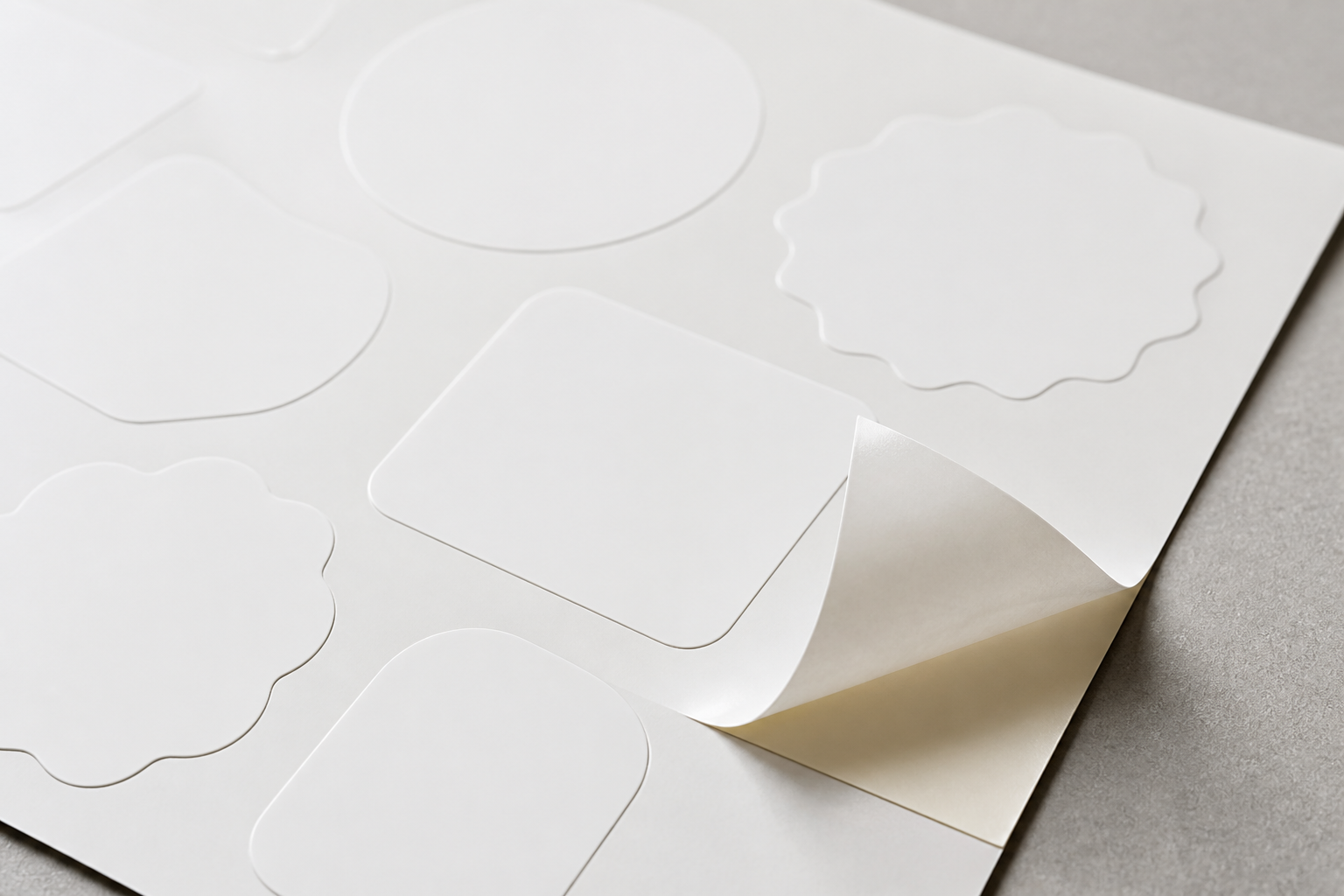 A sheet of blank die-cut stickers being peeled at one corner on a neutral surface